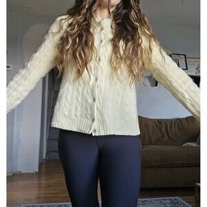 Wendy & Cashmere Cable Knit Button Sweater Butter Yellow Crew Neck XL Cardigan